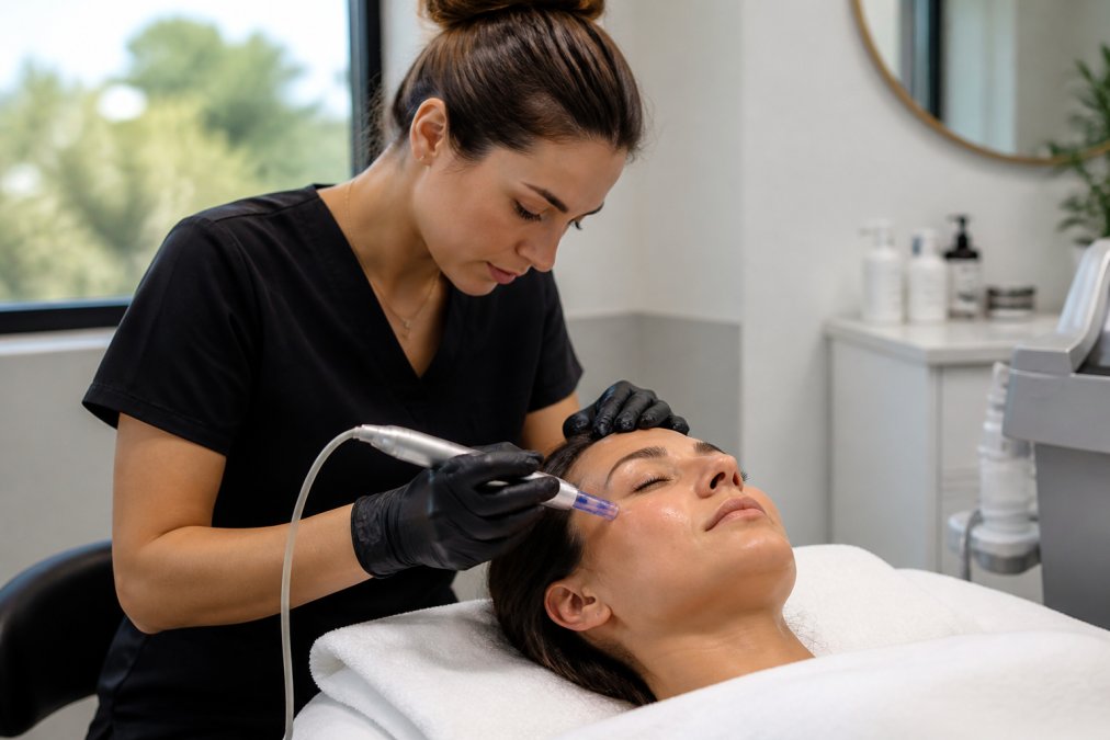 A woman receiving a microneedling treatment at a clean, modern wellness clinic, with a licensed practitioner using a professional microneedling pen on her cheek, soft natural light, calm and professional atmosphere