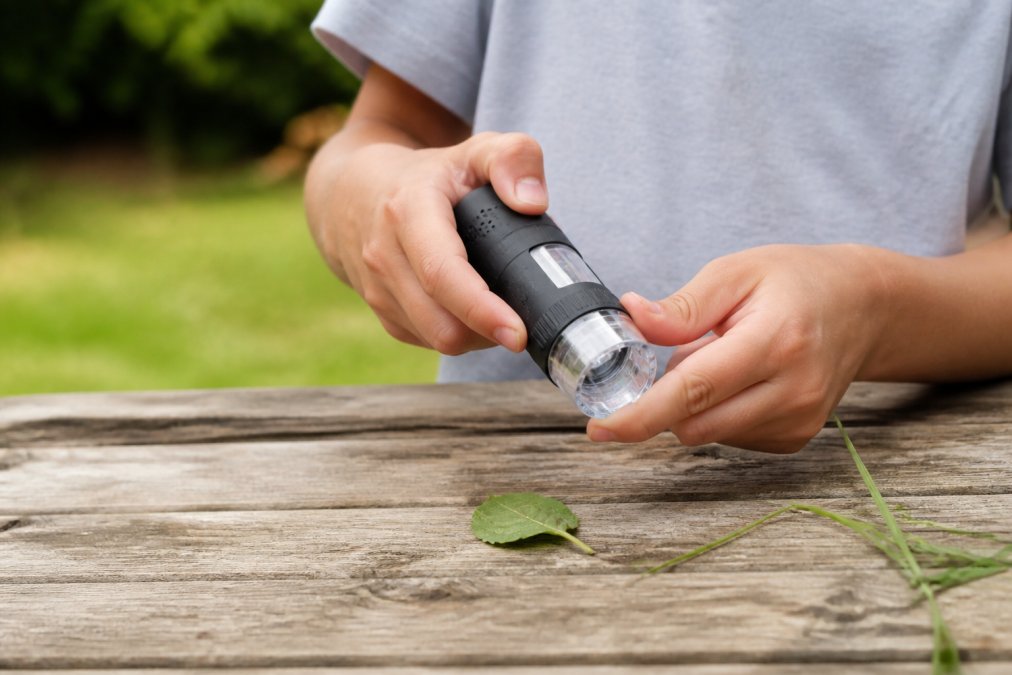 A child's hands holding a compact handheld microscope outdoors on a garden table, with grass and small leaves nearby, natural daylight