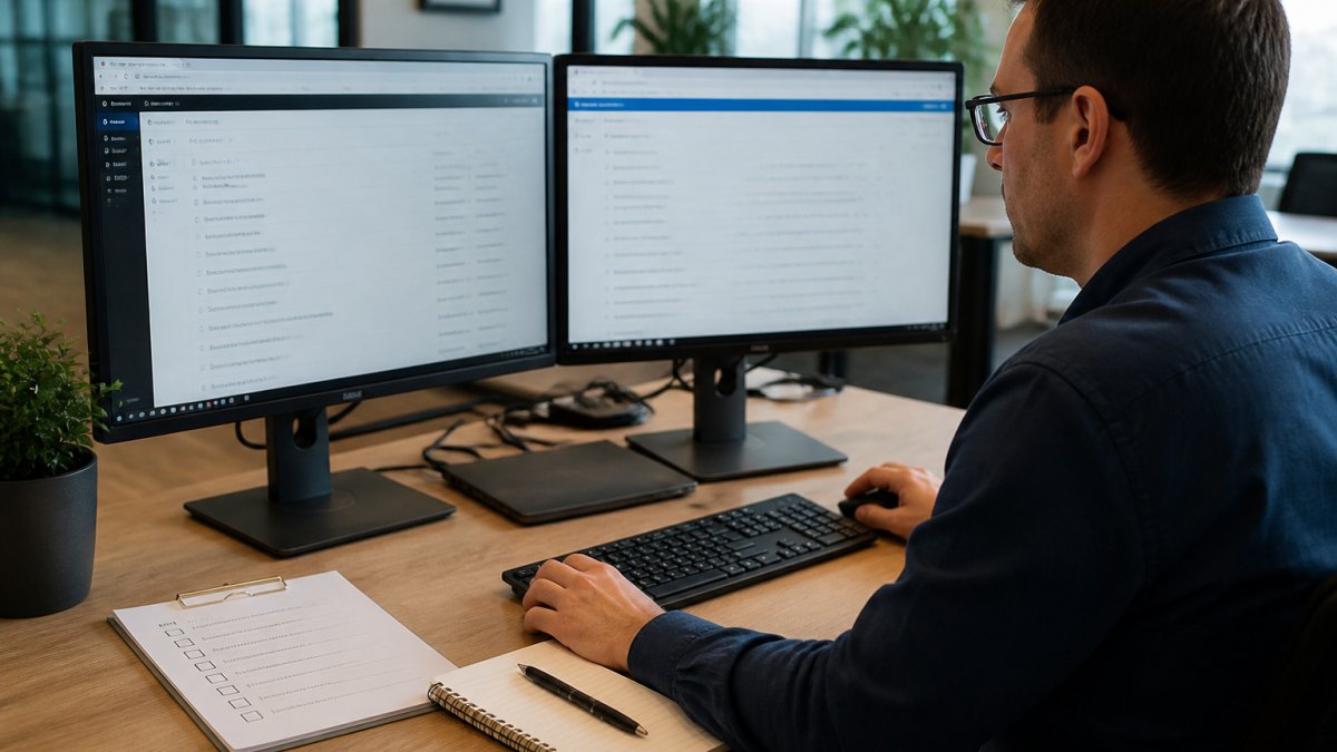 An IT administrator at a desk reviewing security dashboards on two monitors in a modern office, with a printed checklist and notebook beside the keyboard