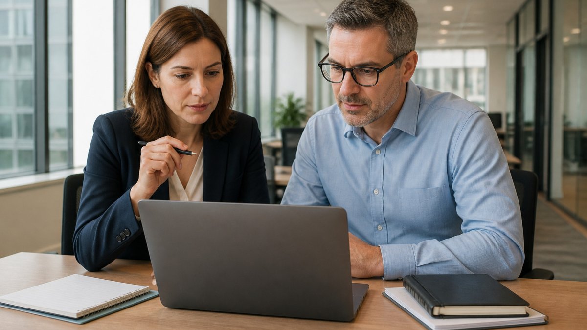 Compliance officer and IT admin reviewing a teams compliance monitoring dashboard at an office desk