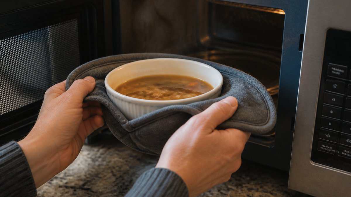 Close-up of hands carefully gripping a hot microwave bowl with a fabric insulated cozy, showing proper grip technique and heat protection