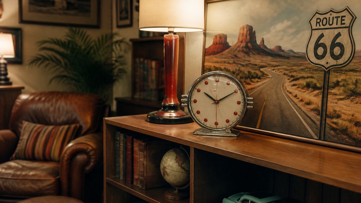 A warmly lit home den with a wooden shelf displaying a vintage lamp, a classic diner clock, and a Route 66 painting, styled neatly without clutter, with a leather armchair in the background