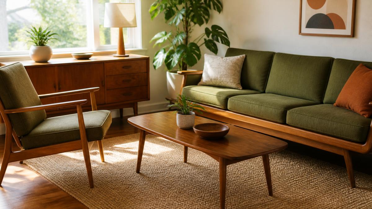 A sunlit living room corner with a low-profile sofa, a teak coffee table with tapered legs, a lounge chair and a potted houseplant, styled in warm earth tones with olive green cushions