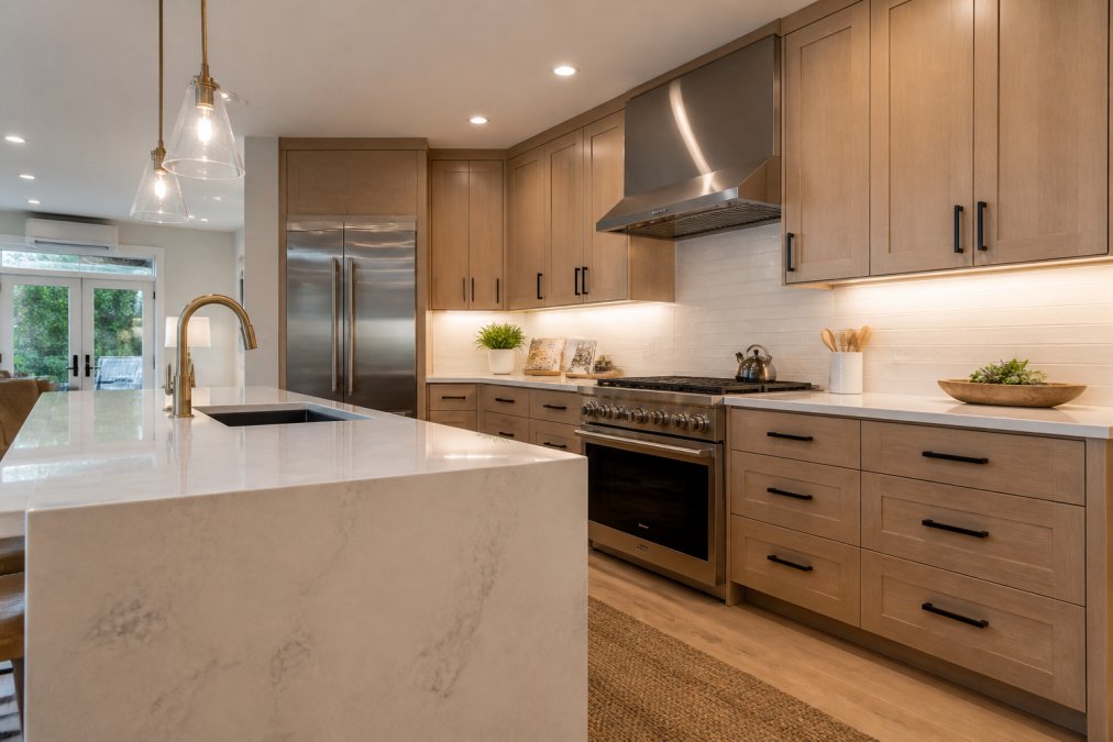 Modern kitchen interior showing newly installed custom cabinetry with soft-close drawers, quartz countertop with waterfall edge detail, stainless steel appliances, and recessed LED lighting in warm tones