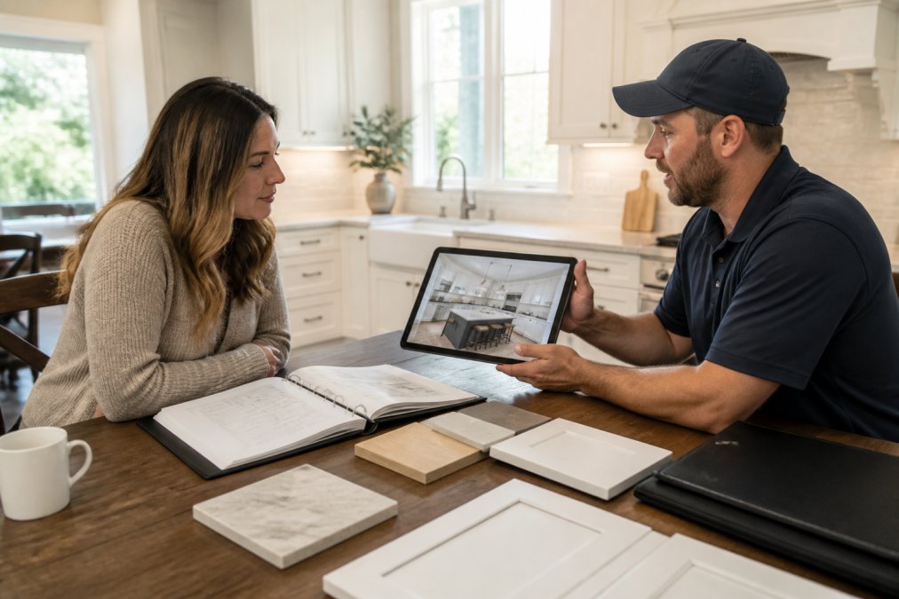 Homeowner and contractor reviewing detailed 3D kitchen design renderings and material samples on a tablet at a kitchen table with natural daylight streaming through windows