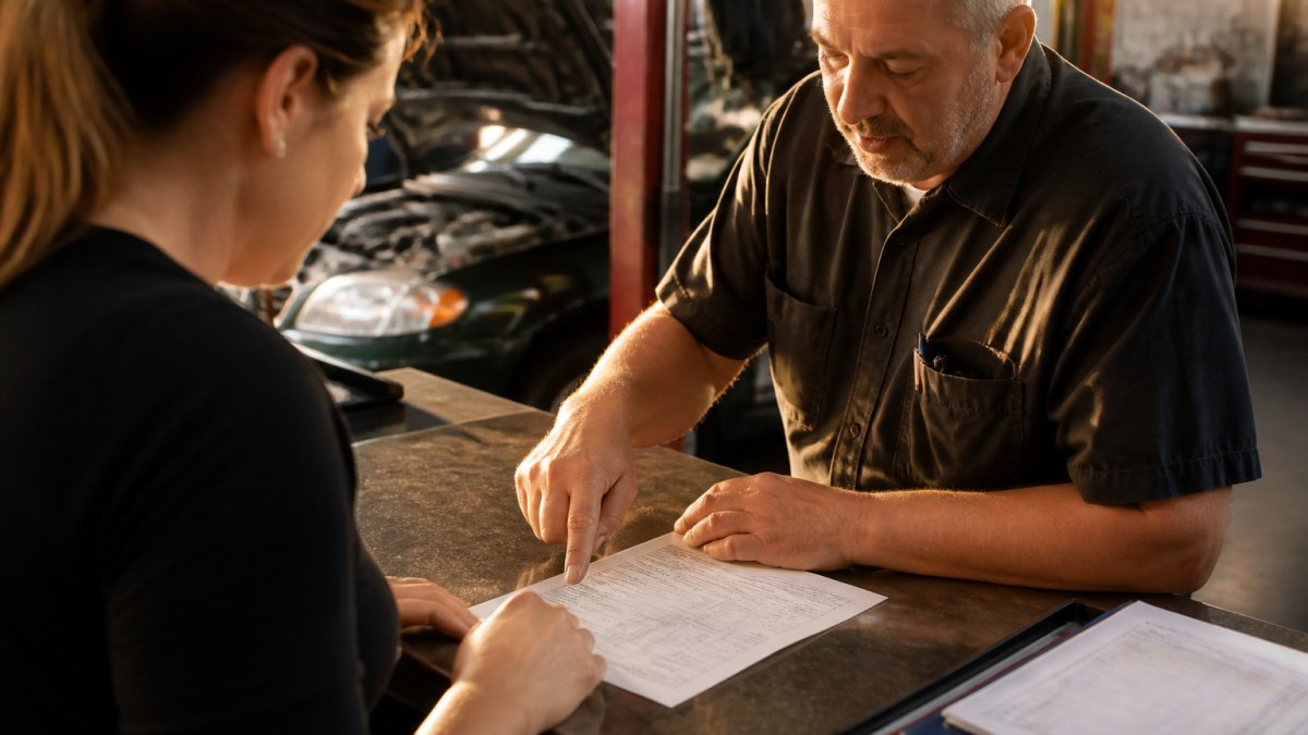 A customer and an ASE-certified mechanic reviewing a printed repair estimate together at a service counter, pointing at line items on the page, warm overhead lighting in a clean shop