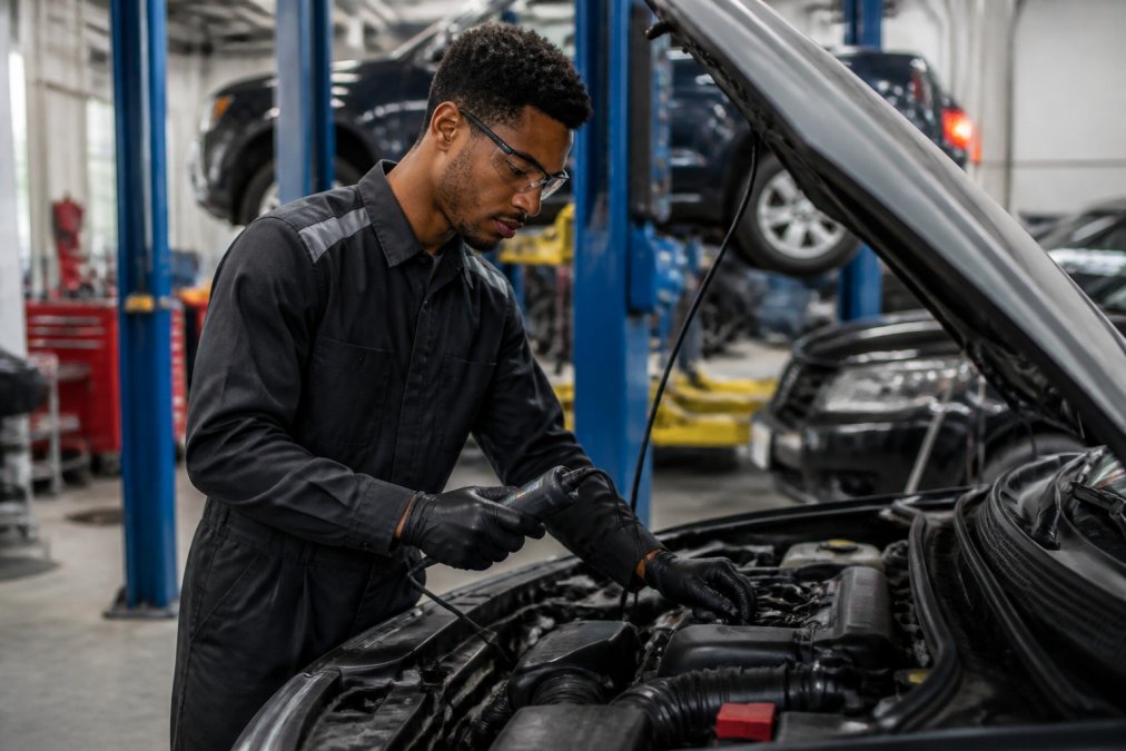 Certified automotive technician in professional uniform working on vehicle engine diagnostics in modern repair bay with diagnostic equipment visible