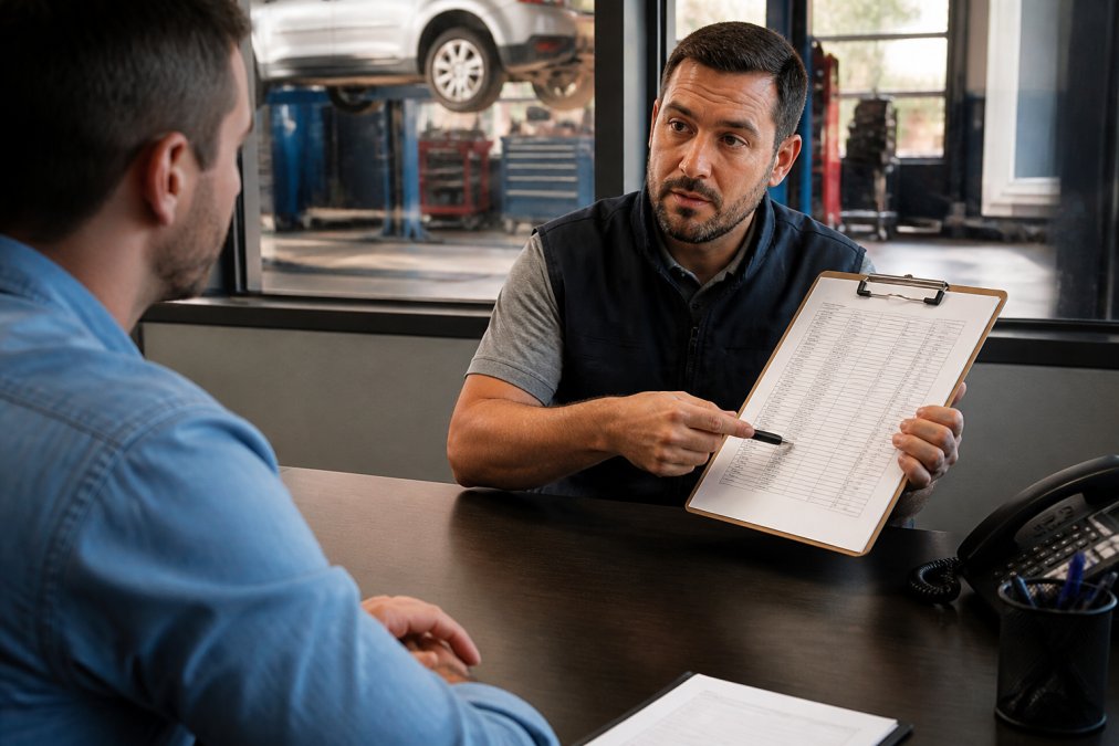 Mechanic discussing detailed repair estimate with customer, pointing to itemized documentation on clipboard in professional shop office with natural lighting