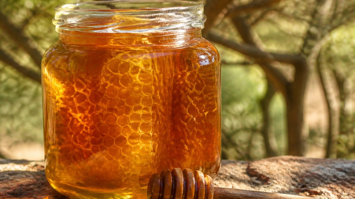 Close-up of golden Sidr honey in a clear glass jar with honeycomb visible suspended in the amber liquid, natural light streaming across the surface highlighting the honey's rich color and texture