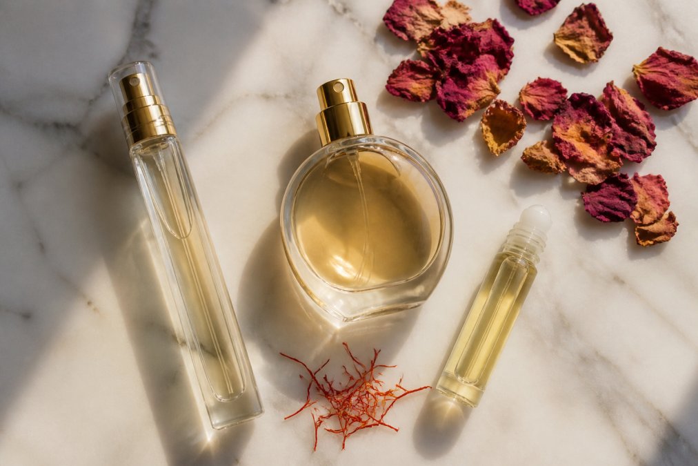 Overhead flat lay on a light marble surface showing three unbranded glass fragrance bottles: a slim spray bottle, a rounded eau de parfum bottle, and a small roll-on perfume oil vial, with dried rose petals and a few saffron threads scattered nearby