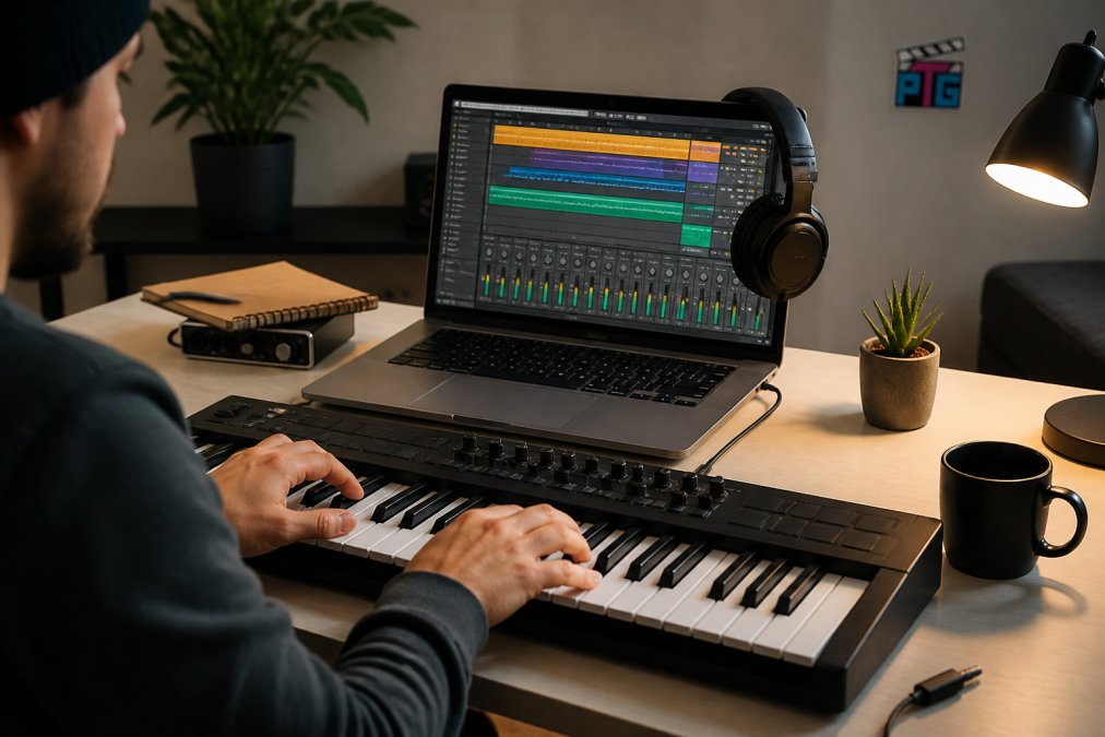 Producer's hands positioned on a MIDI keyboard in front of a laptop displaying a DAW interface with headphones draped over the monitor and a desk lamp providing warm lighting