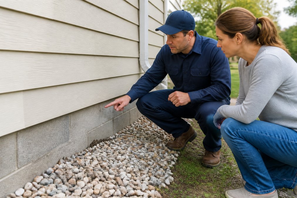 Professional pest control technician in work uniform conducting thorough property inspection with homeowner, examining foundation entry points and discussing treatment plan in natural daylight