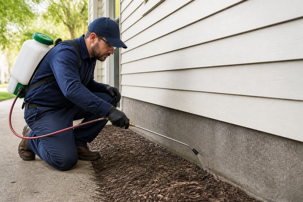 Licensed pest control technician applying precise targeted treatment around home foundation perimeter with professional-grade equipment, focusing on entry points and pest activity areas