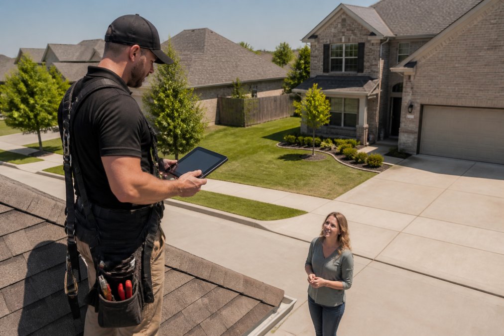 A local roofing contractor in work gear standing on a residential roof in a suburban Tulsa neighborhood, reviewing a tablet with a homeowner standing on the driveway below, both engaged in conversation on a clear sunny day