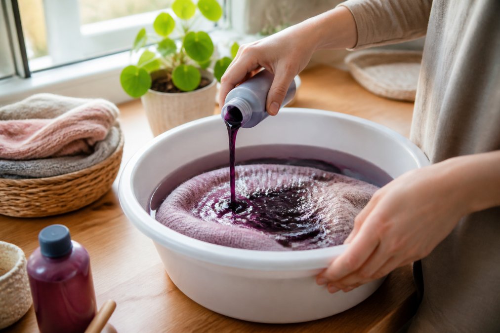 Mani che versano tintura liquida colorata in una bacinella con acqua calda, con un maglione di lana immerso su un piano da cucina luminoso, luce naturale dalla finestra