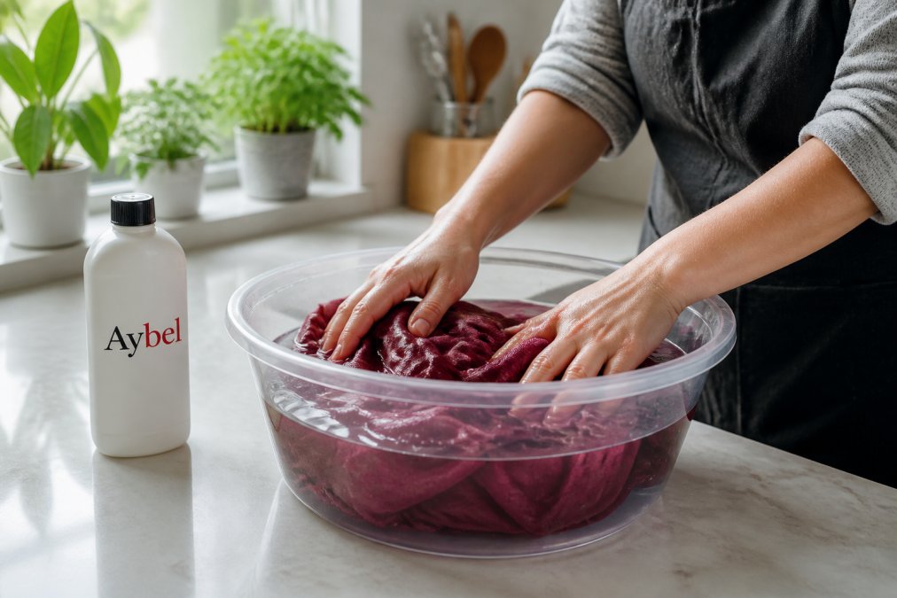 Mani che immergono un capo di cotone appena tinto in una bacinella trasparente di acqua fredda contenente soluzione di fissante, con il flacone di Aybel Fiske visibile sullo sfondo su un bancone di cucina illuminato dalla luce naturale