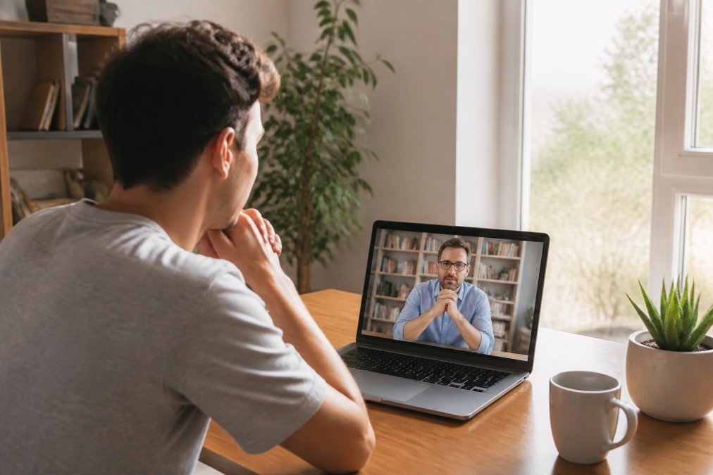 Una persona seduta in un ambiente luminoso e tranquillo, con un laptop aperto davanti a sé che mostra una videocall con uno psicologo, espressione concentrata e rassicurata, luce naturale che filtra da una finestra laterale