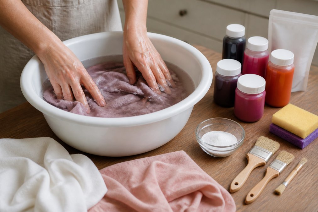 Mani che preparano un capo di poliestere in una bacinella con acqua e detergente, con bottiglie di tintura e attrezzi disposti ordinatamente sul tavolo