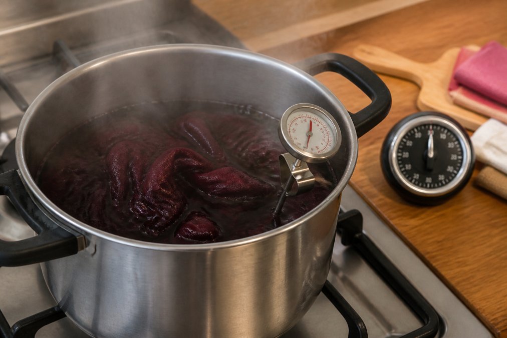 Un capo in tintura in una pentola di acqua calda fumante su un fornello, con un termometro che misura la temperatura e un timer visibile sullo sfondo