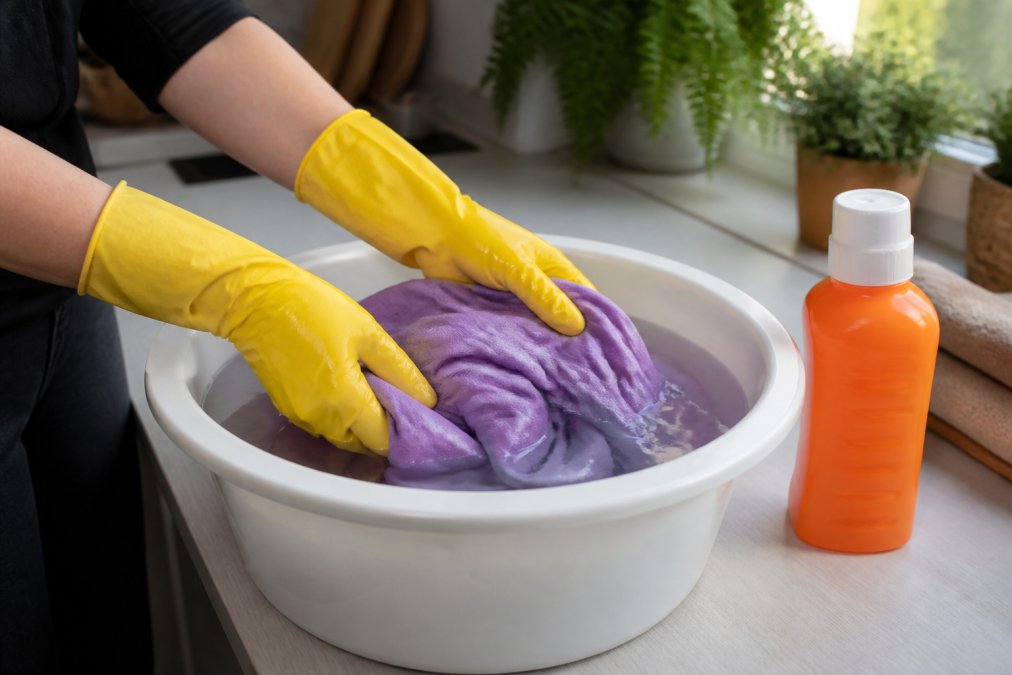 Mani con guanti di gomma gialli che immergono un capo di cotone viola appena tinto in una bacinella bianca piena di acqua con fissativo, su un piano di lavoro in cucina con un flacone di fissativo arancione visibile accanto, luce naturale dalla finestra
