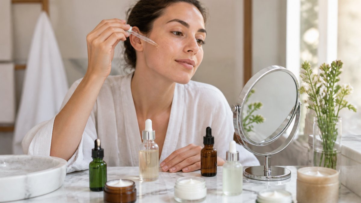 Close-up of a woman's hands applying a drop of face serum on her cheek, with natural skincare bottles and a small mirror on a marble bathroom counter, soft daylight