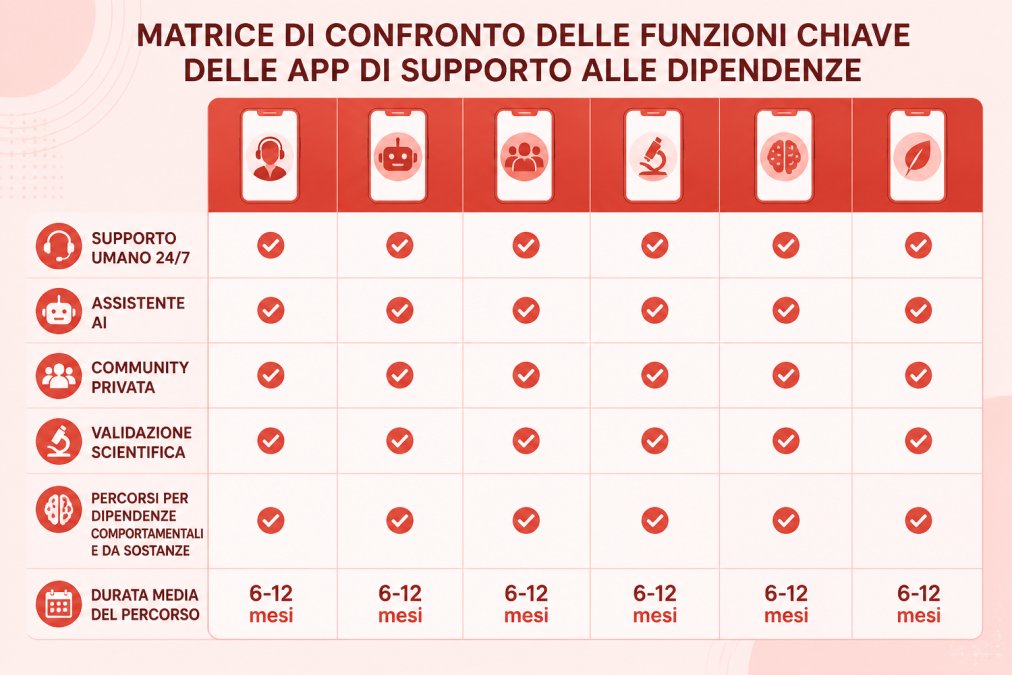Matrice di confronto delle funzioni chiave delle app di supporto alle dipendenze: supporto umano 24/7, assistente AI, community privata, validazione scientifica, percorsi per dipendenze comportamentali e da sostanze, durata media del percorso 6-12 mesi