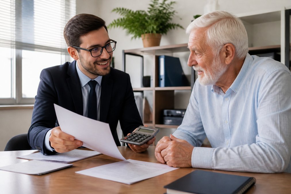 Un consulente finanziario sorridente mostra documenti e una calcolatrice a un pensionato seduto al tavolo di un ufficio luminoso