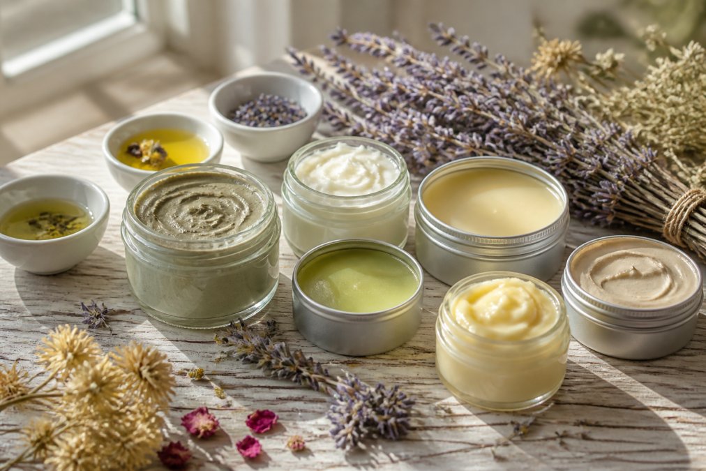 Una selezione di cosmetici artigianali italiani in barattoli di vetro e alluminio su un tavolo di legno chiaro, con fiori secchi di lavanda e piccole ciotole di oli essenziali sullo sfondo, luce naturale morbida proveniente da una finestra laterale