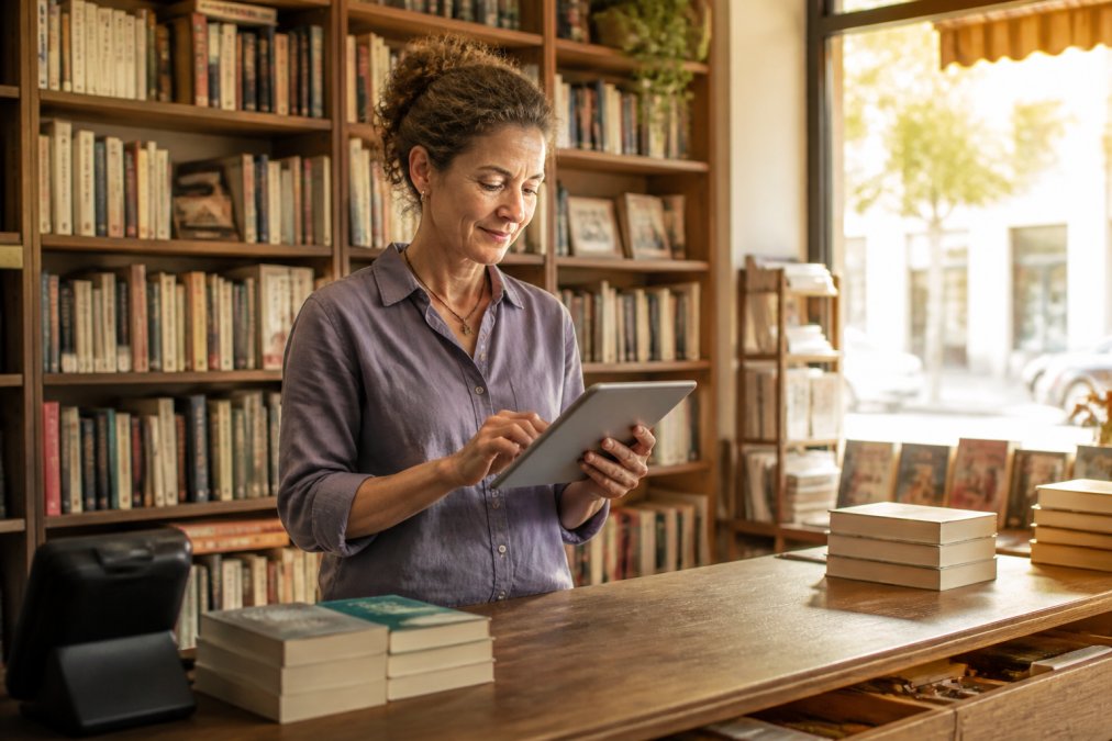 Libraio usa un tablet con dashboard cloud per le migliori pratiche per la fidelizzazione dei clienti in libreria