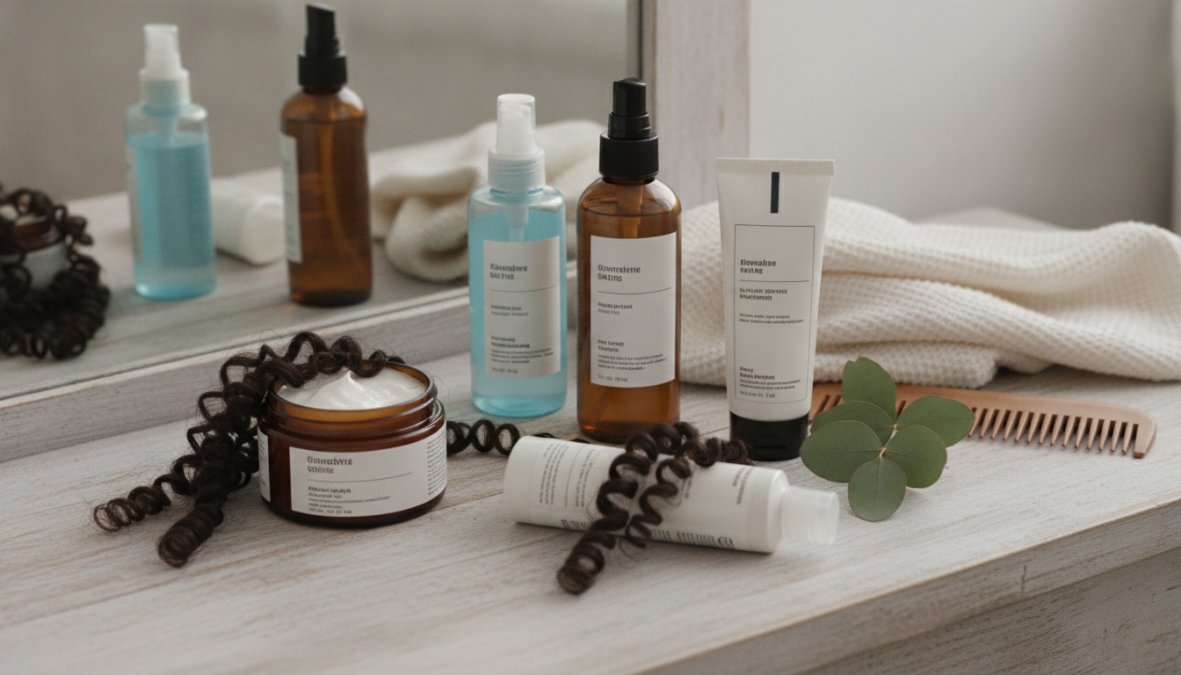Flat lay fotografico di flaconi di prodotti per capelli ricci, tra cui mousse, gel e crema leave-in, disposti ordinatamente su una superficie bianca opaca con ciocche di capelli ricci naturali disposte intorno, illuminazione naturale diffusa da finestra laterale