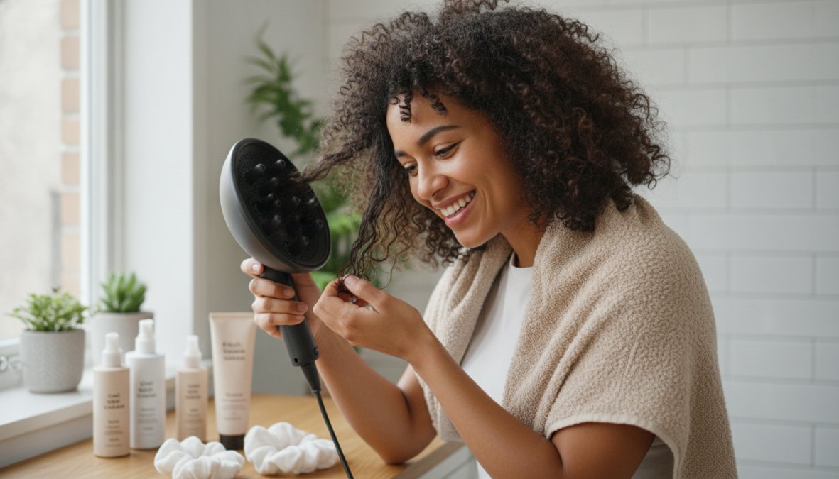 Donna con capelli ricci naturali castani che usa un diffusore collegato ad un asciugacapelli, ripresa in primo piano in un bagno luminoso con luce naturale, capelli bagnati con prodotto applicato visibile