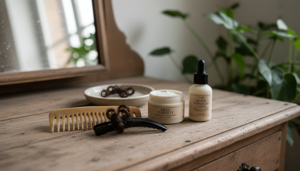 Flat lay di prodotti styling per capelli ricci corti tra cui vasetti di crema, flaconi di mousse e tubetti di gel disposti su una superficie in marmo bianco con un pettine e una molletta decorativa, illuminazione naturale dall'alto
