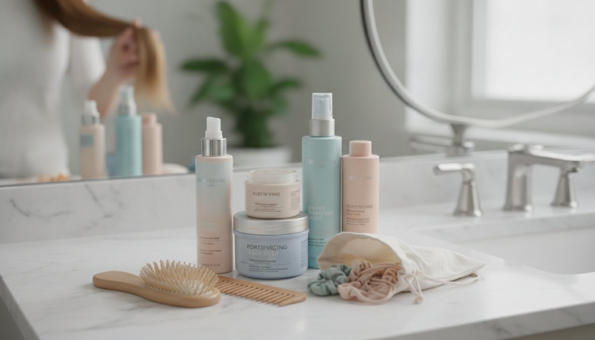 Flat lay of shampoo bottles, volumizing spray, and leave-in treatment arranged on a white marble surface alongside fine hair strands and a wide-tooth comb, soft natural overhead lighting
