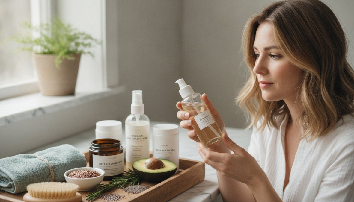 Woman with fine hair applying a nourishing hair mask while looking in a mirror in a bright modern bathroom, warm natural light from a side window illuminating her hair and hands