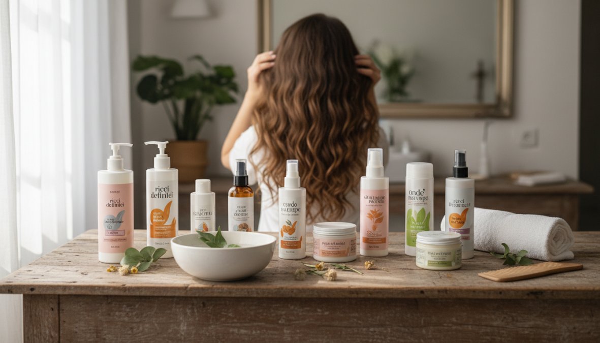 Flat lay fotografico di prodotti per capelli mossi, tra cui creme modellanti, gel, mousse e spray sale marino disposti su una superficie bianca opaca con ciocche di capelli ondulati sullo sfondo, illuminazione naturale da finestra laterale