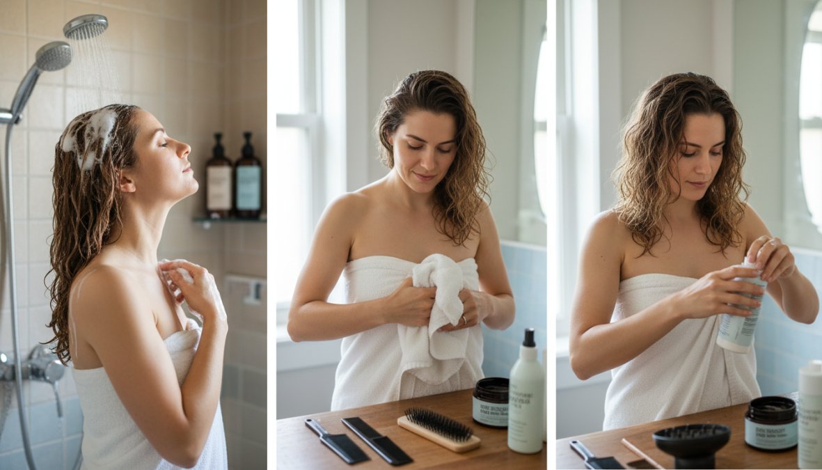 Donna con capelli mossi naturali e definiti che applica una crema modellante su capelli umidi davanti a uno specchio in un bagno luminoso, con prodotti per capelli disposti sul ripiano, luce naturale che entra da una finestra