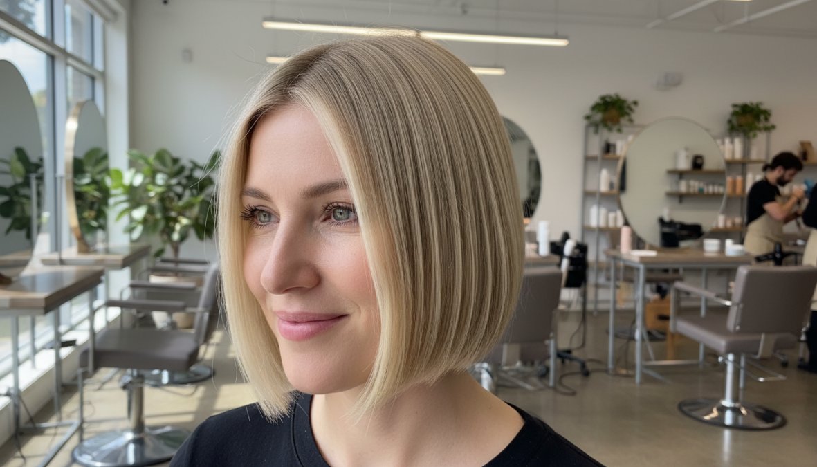 Donna con capelli fini e sottili che sfoggia un blunt bob netto e luminoso, seduta su una sedia da salone di parrucchieri moderno con luce naturale che illumina la chioma