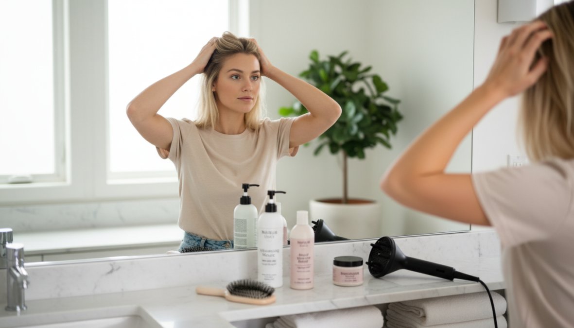 Donna con capelli fini che si acconcia davanti a uno specchio ovale in un bagno luminoso e contemporaneo, con prodotti volumizzanti disposti sul ripiano in marmo bianco, luce naturale che entra dalla finestra