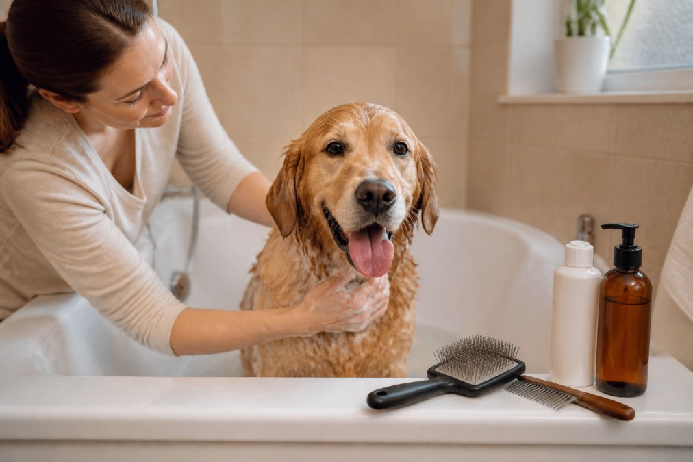 Pet owner bathing a golden retriever at home with quality grooming supplies arranged on the tub edge, including slicker brush, dematting comb, and pet-safe shampoo bottles under warm bathroom lighting