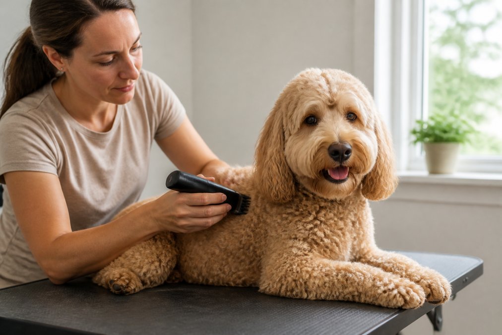 Pet owner carefully using cordless clippers on a calm dog positioned on a grooming table, with proper hand placement and the dog's relaxed body language visible, natural daylight from nearby window