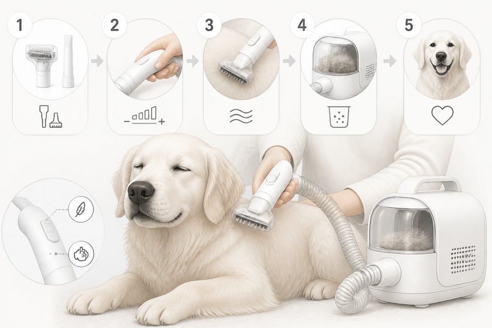 Close-up of a calm dog with relaxed body language having a quiet grooming vacuum kit gently used on its coat, showing the ergonomic design of the equipment and the pet's comfort during the process, soft natural lighting
