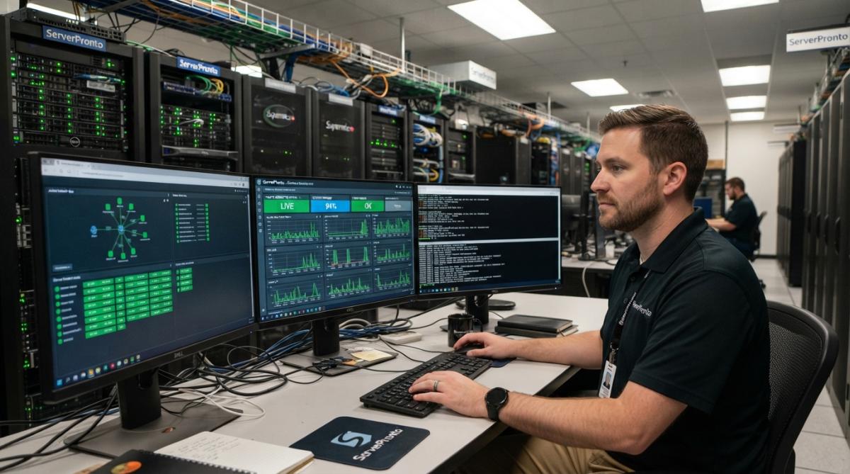 System administrator monitoring server migration dashboard on multiple monitors in data center, showing real-time traffic metrics and system status with green indicators