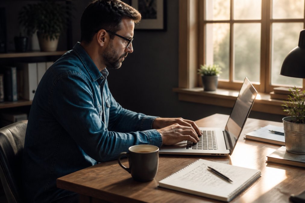 Migrate Your Email List to a New Platform: 2026 Guide A focused entrepreneur at a tidy home office desk, exporting contact data on a laptop with a notebook listing migration steps beside the keyboard, warm afternoon light coming through a window
