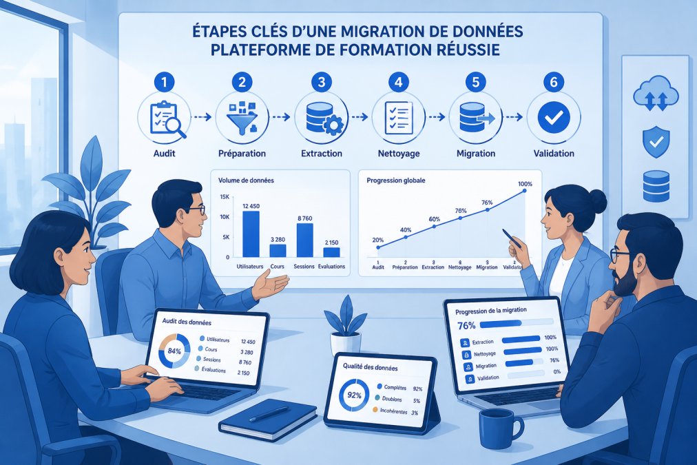 Une équipe de formateurs et responsables IT travaillant ensemble autour d'une table avec des écrans affichant des données et des graphiques de progression, dans une salle de réunion bien éclairée