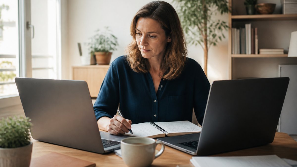 Une coach professionnelle assise à un bureau lumineux, comparant deux écrans d'ordinateur portable affichant des tableaux de données clients, avec un carnet de notes et une tasse de café à proximité