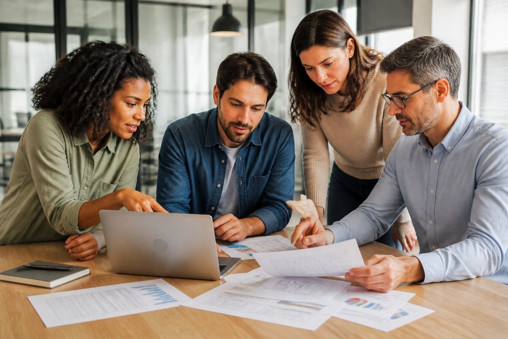 Équipe de professionnels de la formation collaborant autour d'un ordinateur portable, examinant des documents de planification de migration dans un bureau moderne lumineux