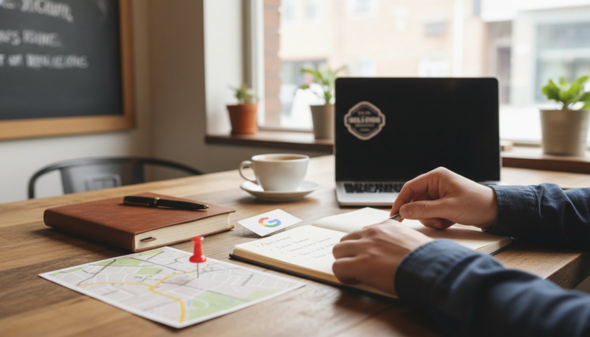 Mijn Bedrijf op Google: Complete Handleiding 2025 1 Close-up van een ondernemer die op een laptop de Google Bedrijfsprofiel-pagina invult aan een opgeruimd houten bureau, met een kop koffie naast het toetsenbord, zachte daglichtverlichting vanuit een raam links