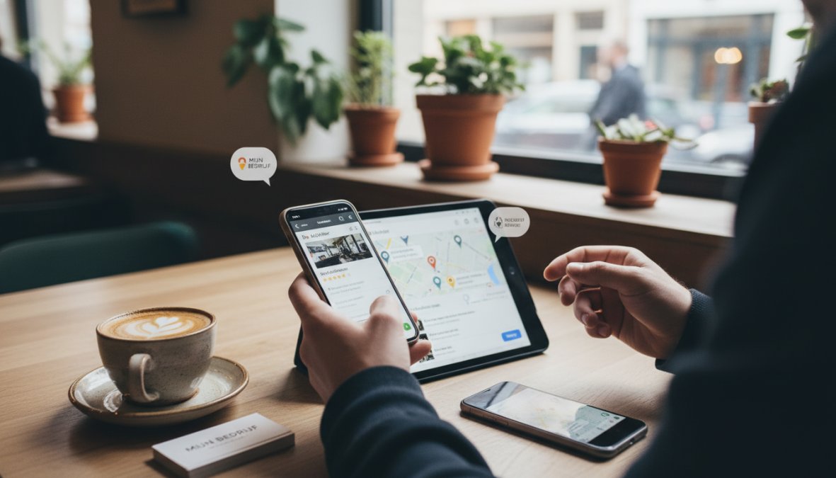 Mijn Bedrijf op Google: Complete Handleiding 2025 2 Smartphone in handen van een glimlachende ondernemer waarop Google Maps-reviews zichtbaar zijn met vijfsterrenbeoordelingen, warme kantoorverlichting op de achtergrond