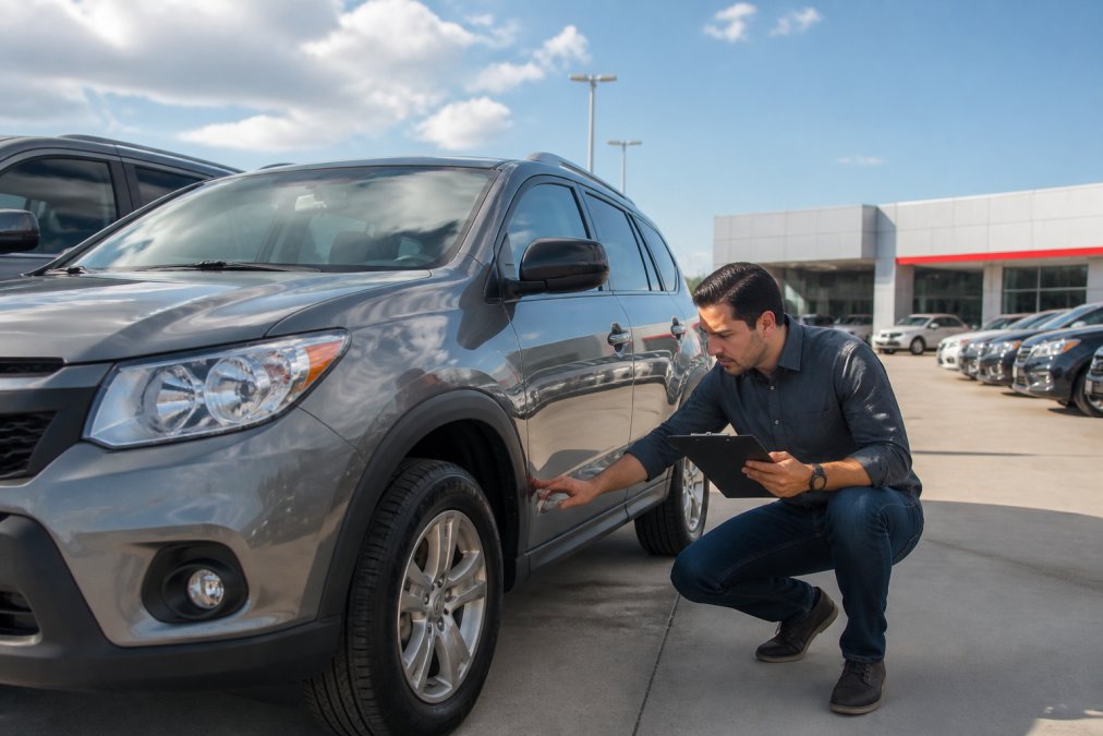 Person inspecting a pre-owned SUV as a reliable toyota alternative using a detailed checklist at a dealership