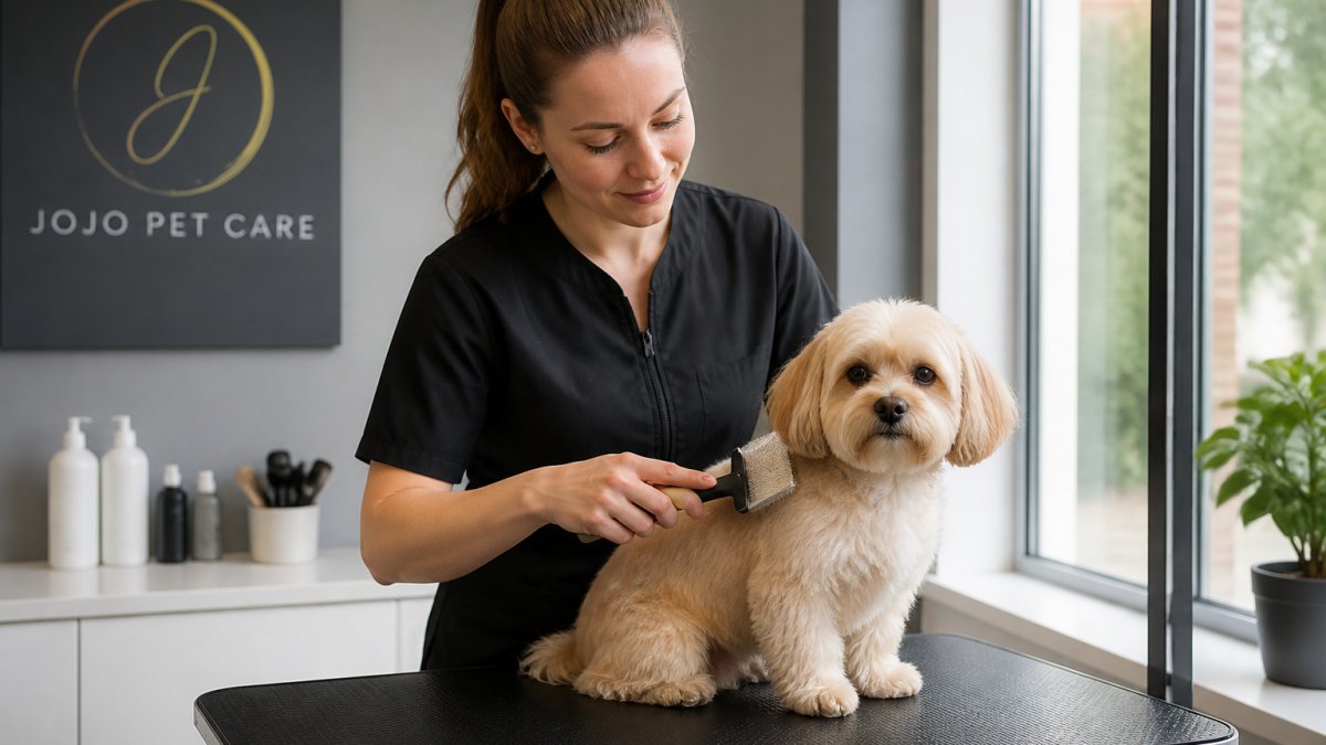 A calm, bright pet grooming salon interior with a groomer gently brushing a small dog on a non-slip table, soft natural light, no other animals visible in the frame